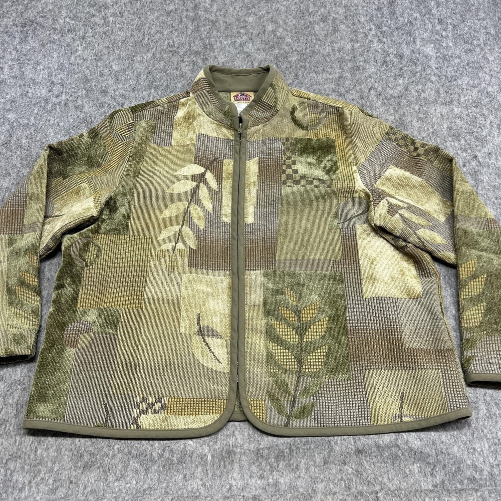 Barn Fly Jacket Womens 2X Green Geometric Leaf Zip Tapestry Collared Vintage - Picture 3 of 14